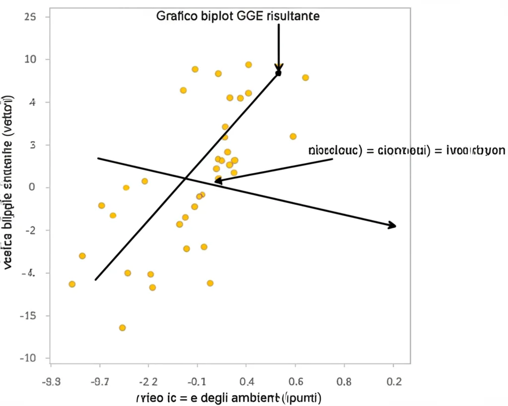 Grafico biplot GGE risultante dall'analisi statistica, che mostra la dispersione dei genotipi di riso (punti) e degli ambienti (vettori) in base a resa e stabilità, visualizzazione dati scientifici, chiara e informativa.