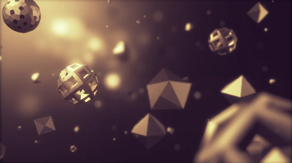 Rappresentazione artistica della finitudine: diverse forme geometriche complesse ma simili (simboleggianti gli orbispazi) fluttuano in numero limitato in uno spazio astratto. Prime lens, 35mm, depth of field per sfocare lo sfondo, duotone (es. viola e oro) per un effetto elegante e misterioso.