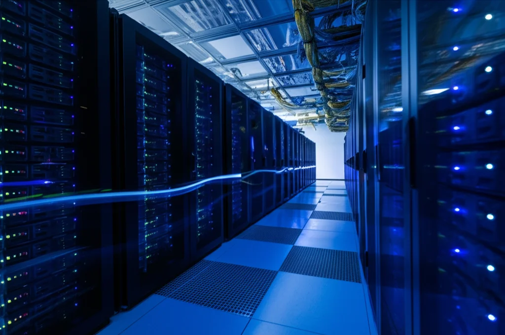 Ampia veduta di un data center moderno con file di server illuminati da luci LED blu, lunga esposizione per creare scie luminose, messa a fuoco nitida sui rack frontali. Obiettivo grandangolare 15mm, lunga esposizione, messa a fuoco nitida.