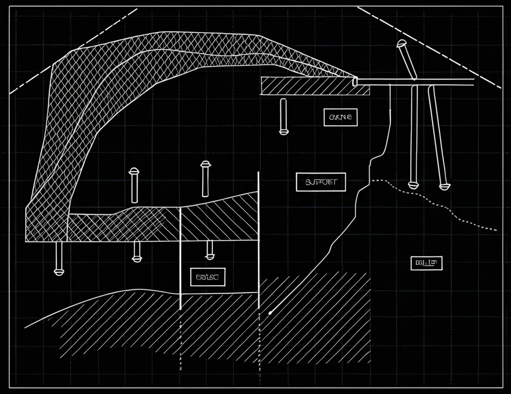 Schema illustrativo della tecnologia 'Relief-Support' in una galleria mineraria. Si vedono i bulloni e le reti di supporto vicino alla galleria ('Support') e delle perforazioni o zone fratturate più in profondità nella roccia ('Relief'). Stile disegno tecnico, chiaro e informativo.