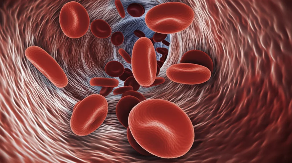 Fotografia macro con obiettivo da 100mm di globuli rossi che scorrono in un capillare, simboleggiando la valutazione del volume plasmatico. Alta definizione, messa a fuoco precisa, illuminazione controllata, leggera bicromia rosso-blu.