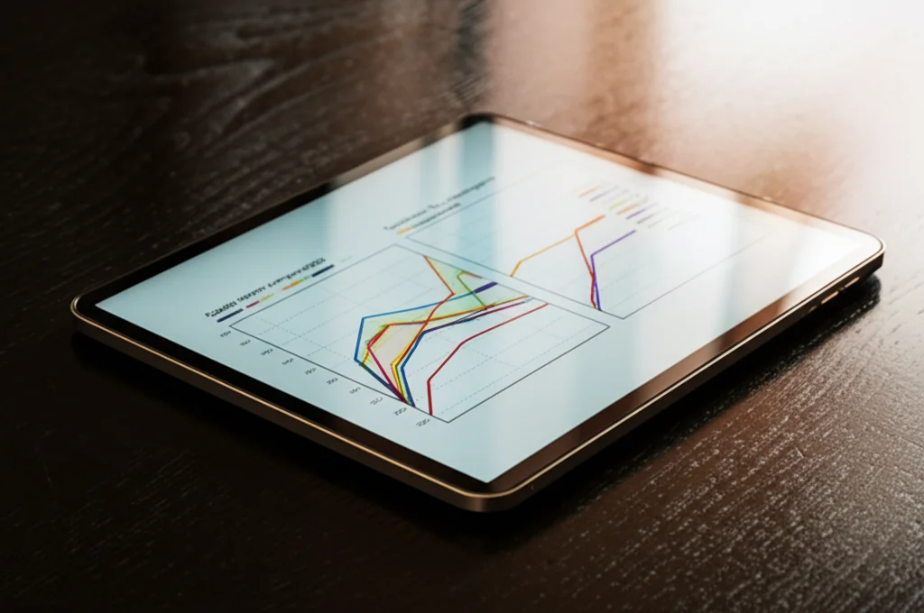 Still life di un tablet appoggiato su una scrivania di legno scuro, lo schermo mostra grafici colorati che confrontano il consumo energetico tra l'agente RL e il controller tradizionale. Luce laterale controllata per minimizzare i riflessi. Obiettivo macro 85mm, alta definizione, messa a fuoco precisa sullo schermo.