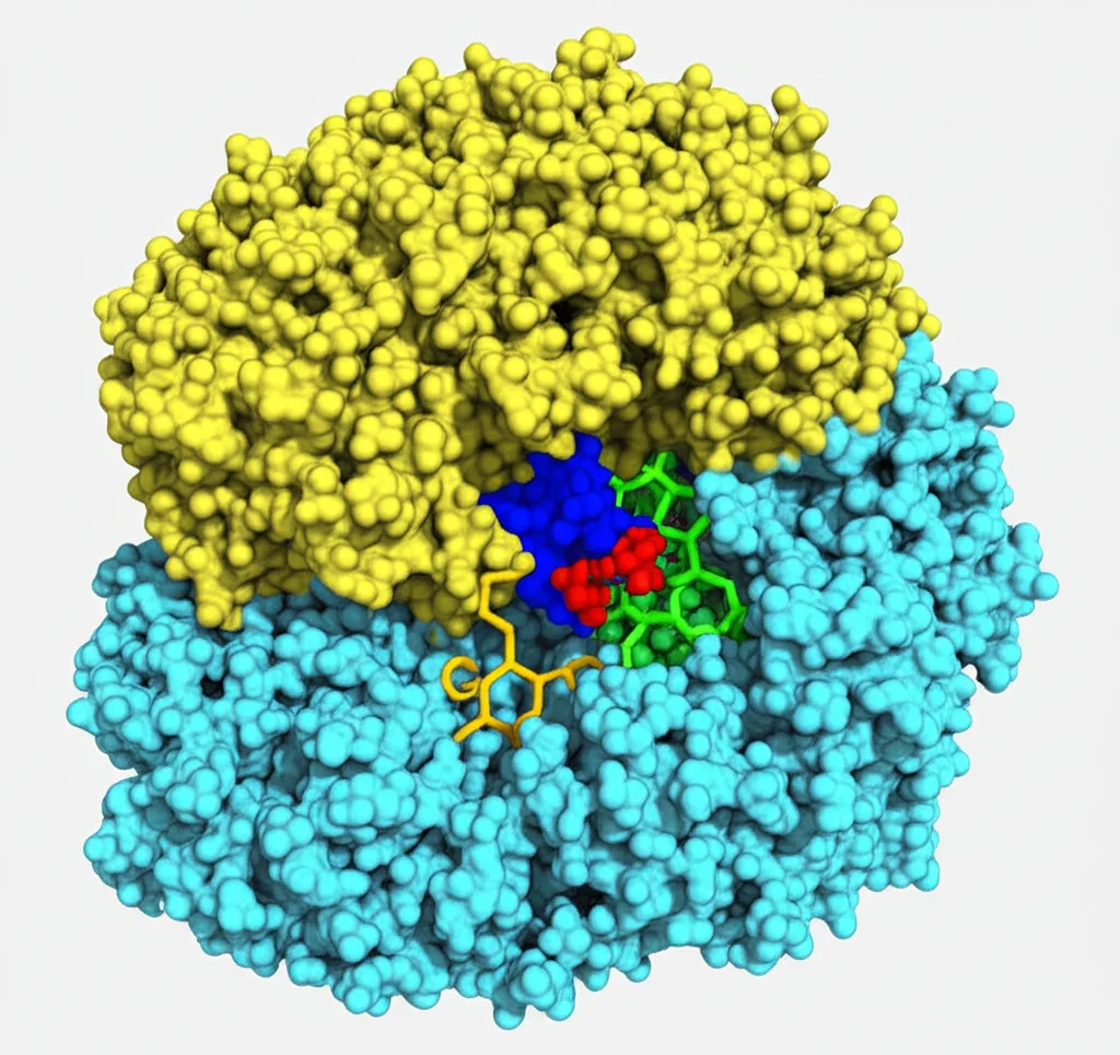 Visualizzazione 3D ad alta risoluzione del recettore PAR1 (blu) legato al suo ligando ancorato (giallo) e alla proteina Gq (verde acqua). Macro lens, 85mm, alta definizione, illuminazione scientifica controllata per evidenziare la tasca di legame superficiale e le interazioni molecolari chiave.