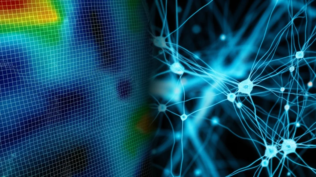 Visualizzazione astratta divisa a metà: a sinistra una griglia dettagliata di elementi finiti sovrapposta a una simulazione di fluidodinamica, stile macro lens 80mm con illuminazione controllata; a destra una rappresentazione astratta di una rete neurale luminosa con effetto profondità di campo, tonalità duotone blu e ciano.