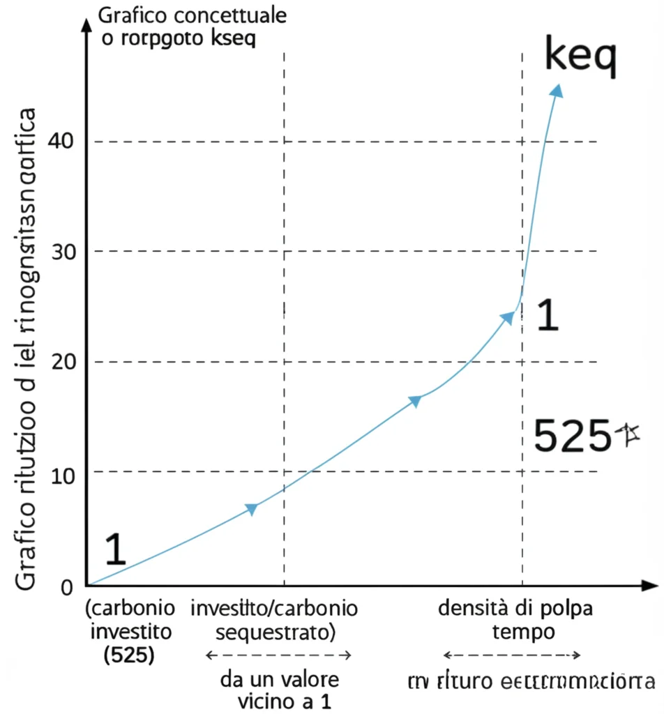 Grafico concettuale o infografica che mostra la drastica riduzione del rapporto kseq (carbonio investito/carbonio sequestrato) da un valore alto (525) a un valore vicino a 1, evidenziando i fattori di ottimizzazione come densità di polpa, tempo e ingegneria genetica. Stile pulito e moderno.
