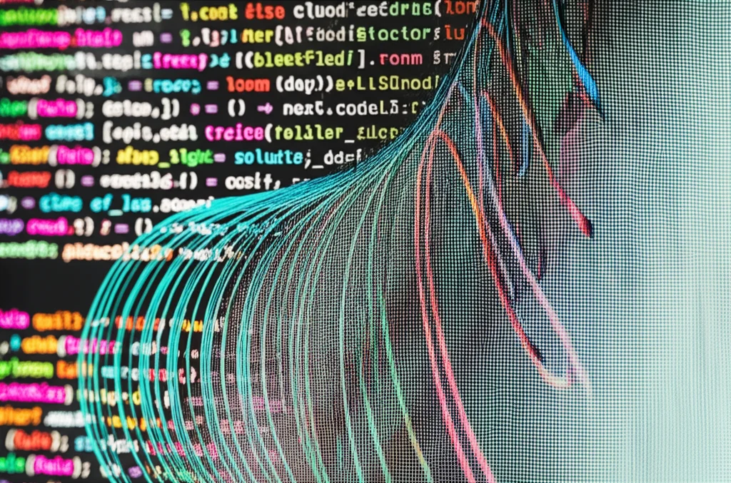 Visualizzazione fotorealistica di complesse curve matematiche che rappresentano soluzioni di PDE analizzate su uno schermo di computer, dettaglio elevato, messa a fuoco precisa, lente macro 60mm, sfondo con accenni di codice sorgente.