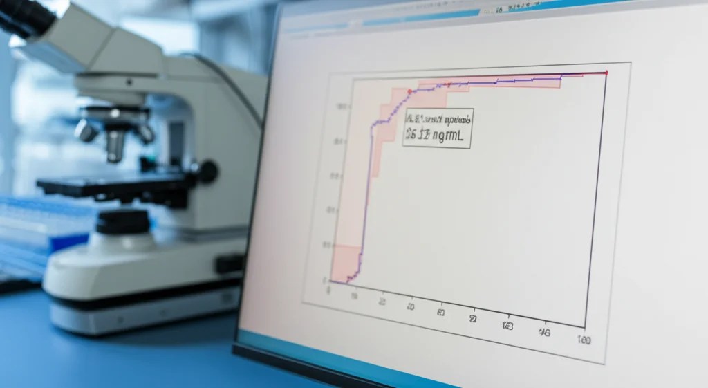 Visualizzazione grafica fotorealistica di una curva ROC su uno schermo di computer in un laboratorio di analisi. Focus sullo schermo che mostra la curva con l'area sotto la curva (AUC) evidenziata e il punto di cutoff ottimale indicato (36.22 ng/mL). Sfondo leggermente sfocato con attrezzature da laboratorio. Lente prime 35mm, profondità di campo ridotta.