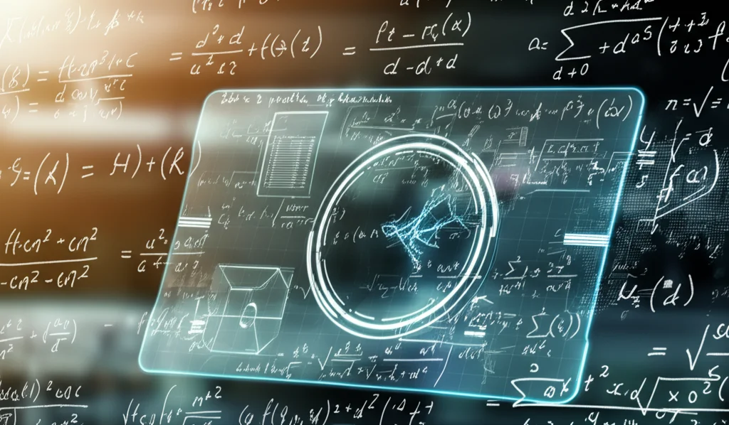 Immagine concettuale che simboleggia la fusione dell'intelligenza artificiale (rappresentata da pattern di reti neurali) con equazioni fisiche classiche scritte su uno schermo trasparente futuristico, lente grandangolare 24mm, profondità di campo, leggero effetto luminoso.