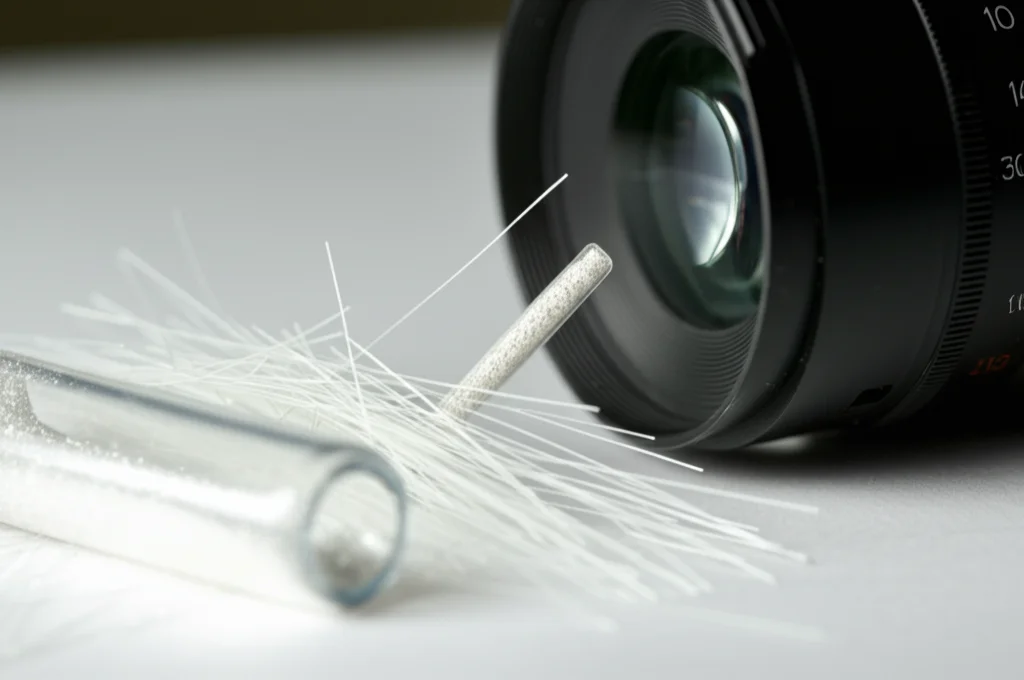 Macro fotografia, 100mm lens, still life. Un piccolo mucchio di sottili fibre di vetro bianche tipo E-glass accanto a una fiala contenente polvere scintillante di nanoparticelle d'argento. Messa a fuoco precisa, alto dettaglio, sfondo leggermente sfocato di un ambiente di laboratorio con illuminazione controllata.