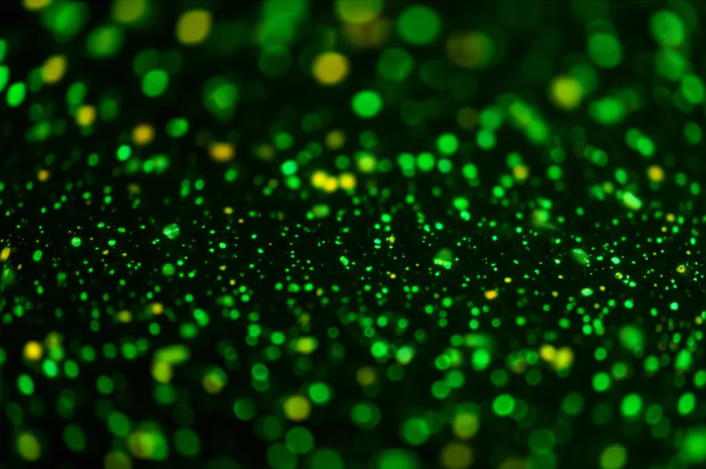 Macro fotografia di punti quantici colloidali di seleniuro di cadmio sospesi in una matrice polimerica trasparente (PMMA), illuminati da un laser verde che ne rivela la fluorescenza. Dettaglio elevato sui singoli punti luminosi, messa a fuoco precisa, illuminazione controllata da laboratorio, obiettivo macro 100mm.