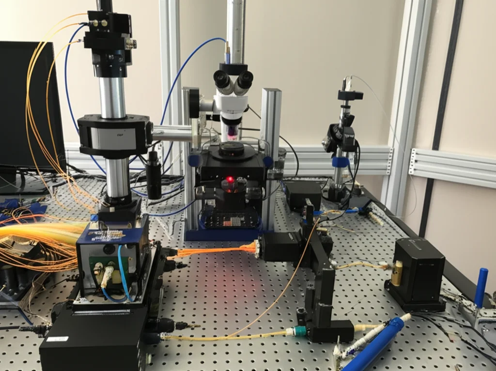 Fotografia di un setup sperimentale di microscopia confocale e HBT in un laboratorio di ottica quantistica. Si vedono componenti come laser, specchi, lenti, un obiettivo di microscopio puntato su un campione, fibre ottiche che portano a rivelatori APD. Illuminazione tecnica, dettagli degli strumenti in evidenza, obiettivo prime 35mm, profondità di campo per mostrare la complessità.