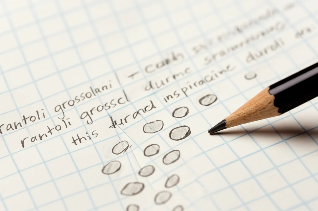 Fotografia macro di un diagramma disegnato a mano su un foglio a quadretti che rappresenta visivamente un suono polmonare (es. rantoli grossolani come cerchi sparsi durante l'inspirazione). Accanto, la punta di una matita. Obiettivo macro 100mm, messa a fuoco selettiva sul diagramma, illuminazione morbida e naturale.