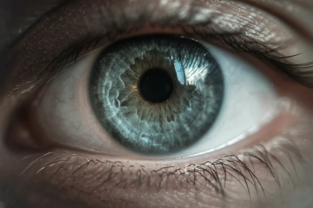 Ritratto ravvicinato di un occhio umano che mostra dettagli di una cataratta congenita o microftalmia, obiettivo prime 35mm, profondità di campo ridotta per focalizzare sull'iride e la pupilla, toni duo blu e grigio, stile fotorealistico.