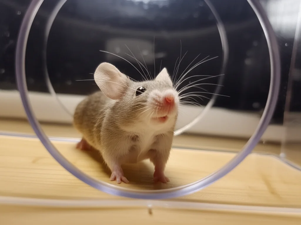 Immagine macro fotorealistica di un topolino C57BL/6 in un'arena sperimentale circolare, illuminato da luce infrarossa controllata. Lente macro 100mm, alta definizione, messa a fuoco precisa sul muso del topo mentre esplora.
