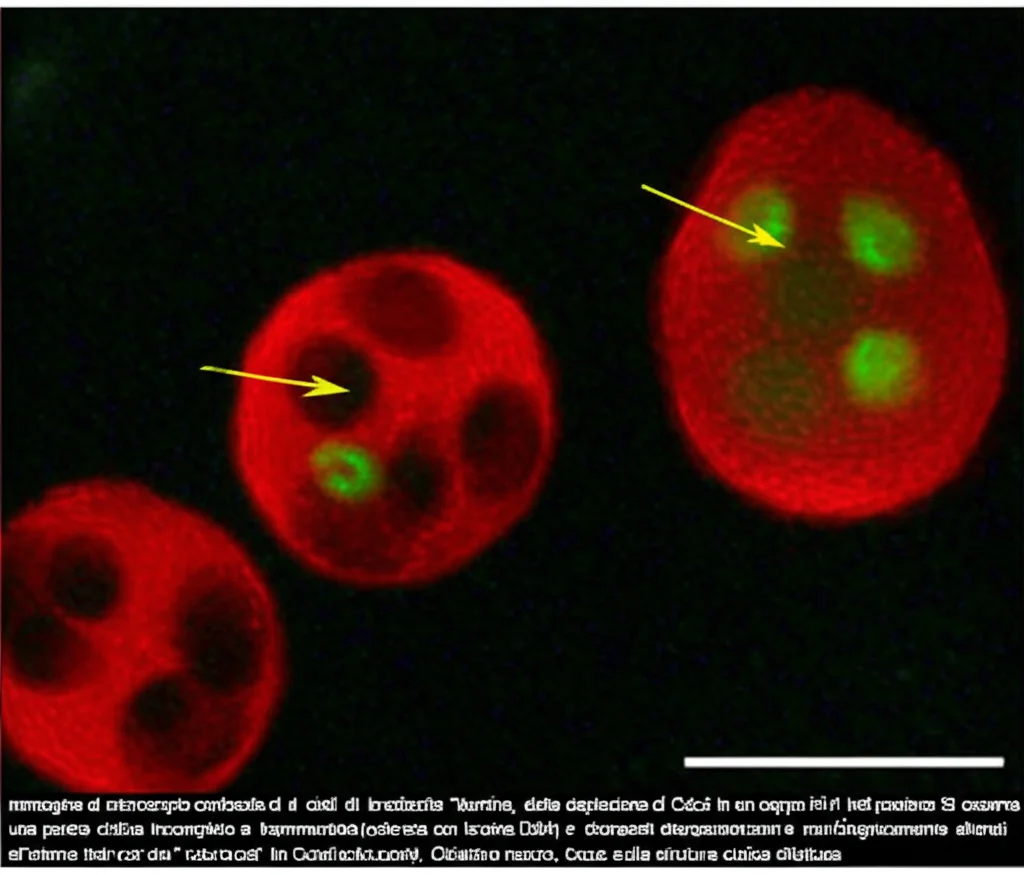 Immagine al microscopio confocale di una cisti di bradizoite abortiva di Toxoplasma gondii indotta dalla deplezione di Cdc5 in un ceppo RH. Si osserva una parete cistica incompleta e frammentata (colorata in rosso con lectina DBA) e parassiti disorganizzati e morfologicamente alterati all'interno (colorati in verde). Obiettivo macro 60mm, alta risoluzione, focus preciso sulla struttura cistica difettosa.