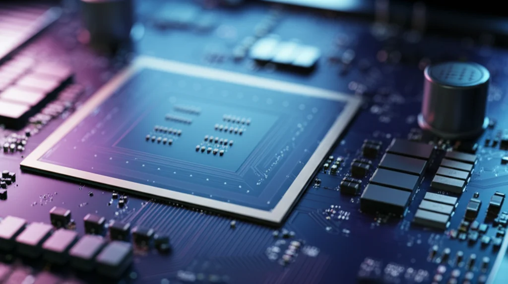 Primo piano di una moderna scheda GPU NVIDIA A100 con circuiti illuminati che elaborano strutture di dati tensoriali complesse, luce high-tech blu e viola, obiettivo macro 70mm, messa a fuoco precisa.