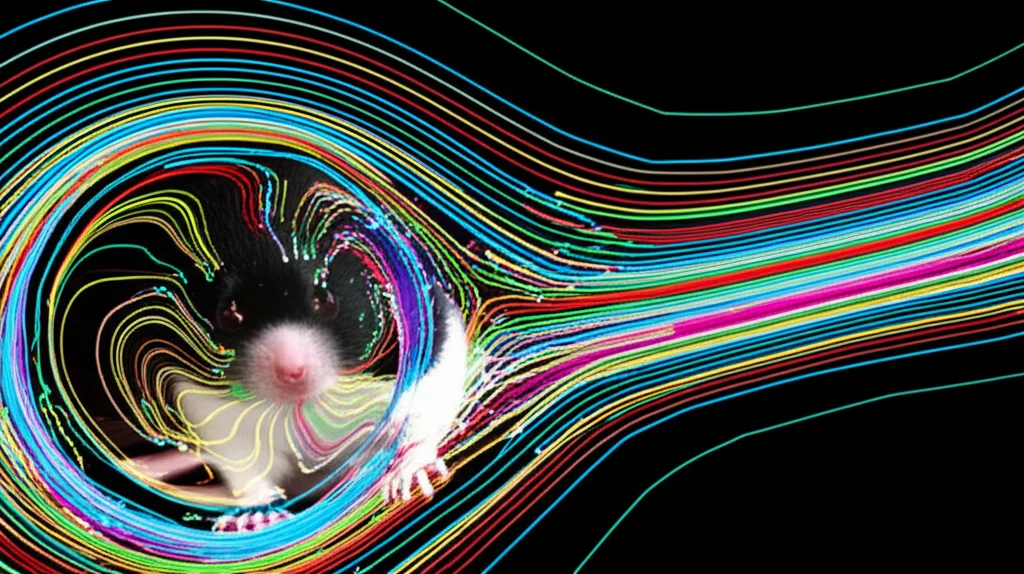 Visualizzazione 3D fotorealistica generata al computer che mostra le traiettorie di movimento di un topo, evidenziando diverse 'sillabe comportamentali' con colori diversi. Stile high-tech, dati scientifici visualizzati artisticamente ma con precisione.