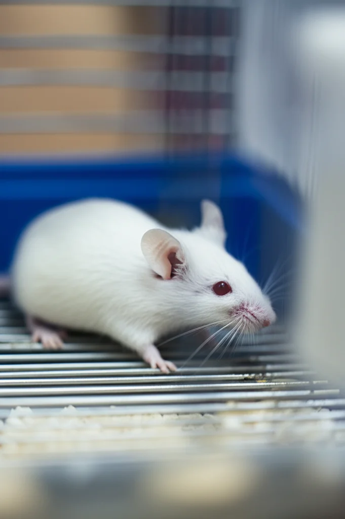Fotografia di un topo da laboratorio BALB/c sano e vigile in una gabbia pulita, dopo essere sopravvissuto a un'infezione letale di Toxoplasma gondii grazie alla deplezione indotta di Cdc5 nel parassita. Obiettivo tele zoom 100mm, luce naturale controllata da finestra laterale, focus nitido sull'occhio e sul pelo dell'animale, sfondo leggermente sfocato.