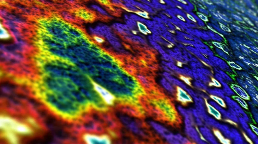 Simulazione scientifica del modello di Gray-Scott che mostra pattern complessi simili a quelli biologici su uno schermo ad alta risoluzione in 3D, colori vivaci, illuminazione da laboratorio, obiettivo 50mm, profondità di campo.