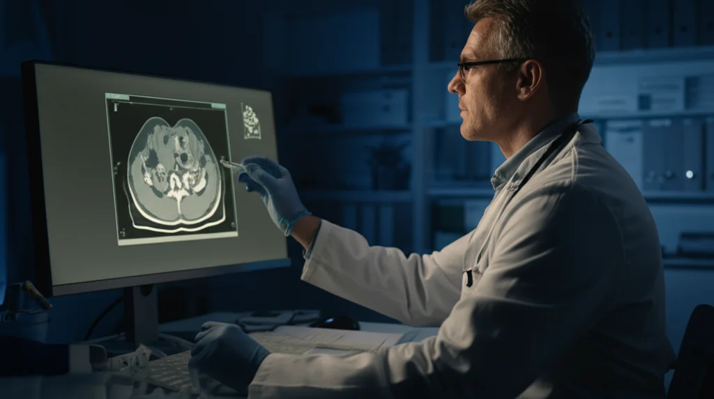 Ritratto di un ricercatore medico che osserva attentamente una scansione CT su un monitor ad alta risoluzione in un laboratorio scarsamente illuminato, profondità di campo, obiettivo 35mm, toni bicromatici blu e grigio.