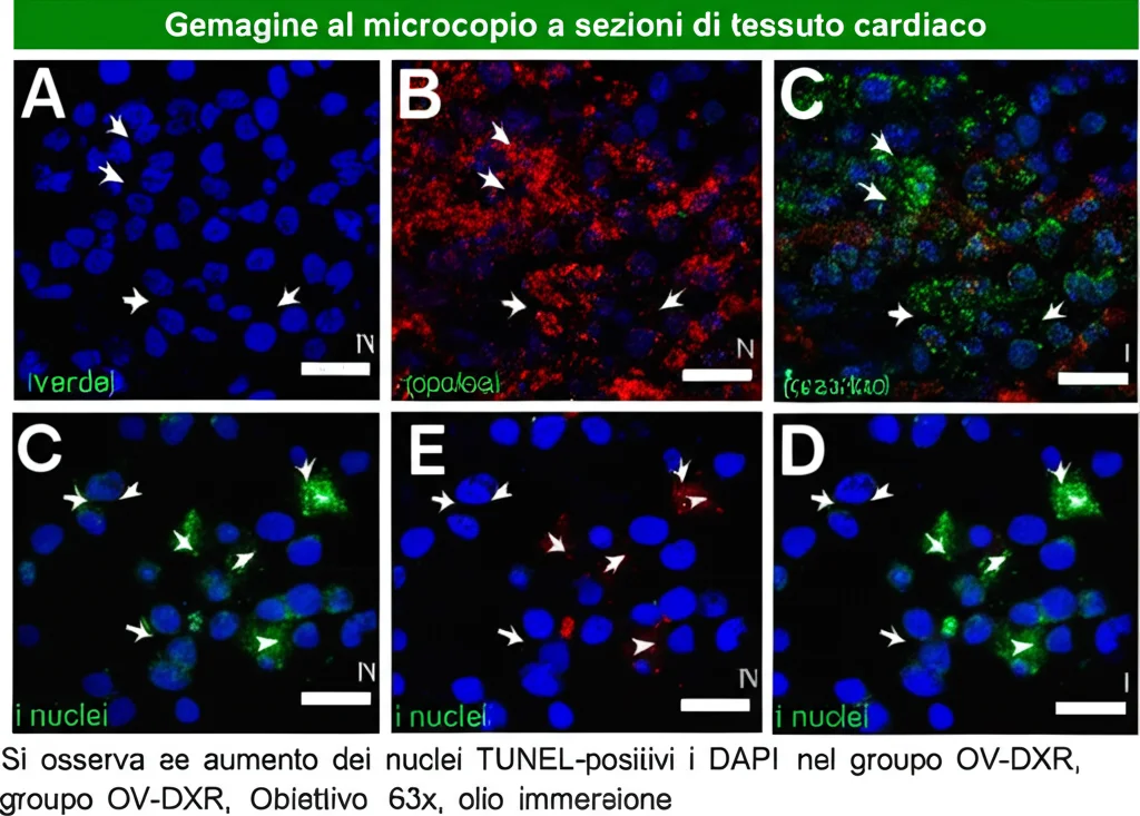 Immagine al microscopio a fluorescenza di sezioni di tessuto cardiaco con marcatura TUNEL (verde) per l'apoptosi e DAPI (rosso/blu) per i nuclei. Si osserva un aumento dei nuclei TUNEL-positivi (indicati da frecce bianche) nel gruppo OV-DXR, indicando maggiore morte cellulare. Obiettivo 63x, olio immersione.