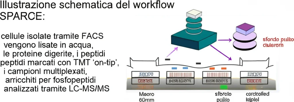 Illustrazione schematica del workflow SPARCE: cellule isolate tramite FACS vengono lisate in acqua, le proteine digerite, i peptidi marcati con TMT 'on-tip', i campioni multiplexati, arricchiti per fosfopeptidi e analizzati tramite LC-MS/MS. Macro lens, 60mm, high detail, controlled lighting, sfondo pulito da laboratorio.