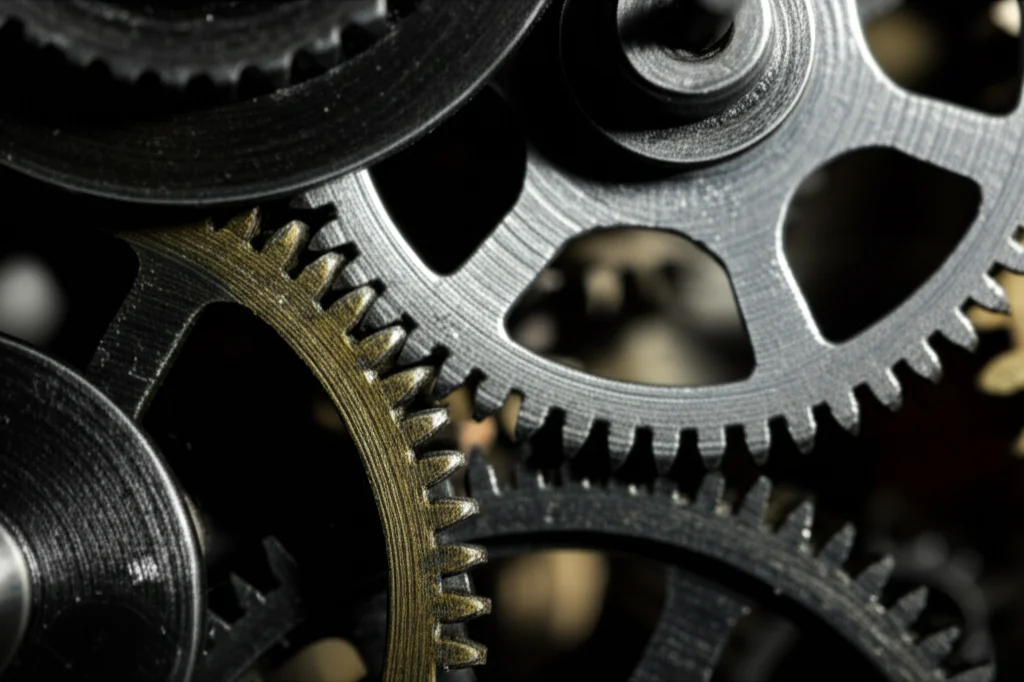 Immagine macro di ingranaggi metallici interconnessi che simboleggiano i meccanismi complessi tra personalità, emozioni e risultati accademici. Illuminazione controllata e drammatica che evidenzia i dettagli e le texture degli ingranaggi. Obiettivo macro 100mm, messa a fuoco precisa su un punto di connessione.