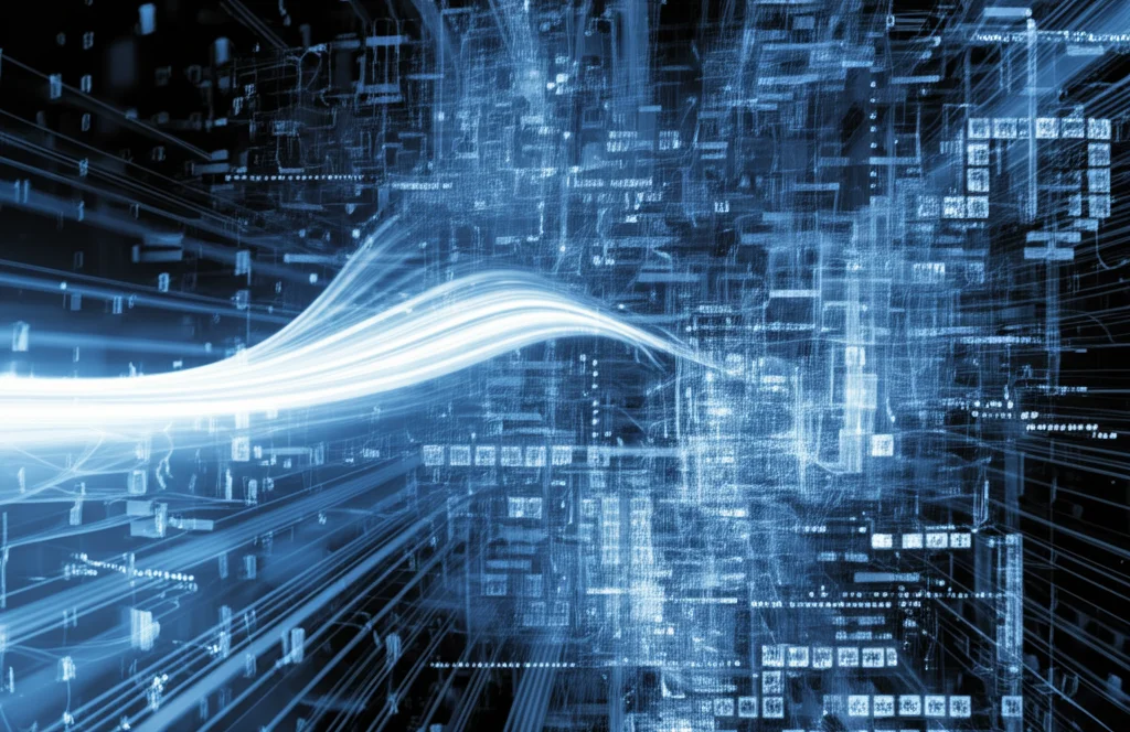Immagine fotorealistica di un flusso di dati digitali astratto, visualizzato come fasci di luce colorata che attraversano circuiti complessi, illuminando alcuni percorsi (le feature importanti) e lasciandone altri in ombra. Obiettivo prime 35mm, profondità di campo, toni blu e argento duotone.