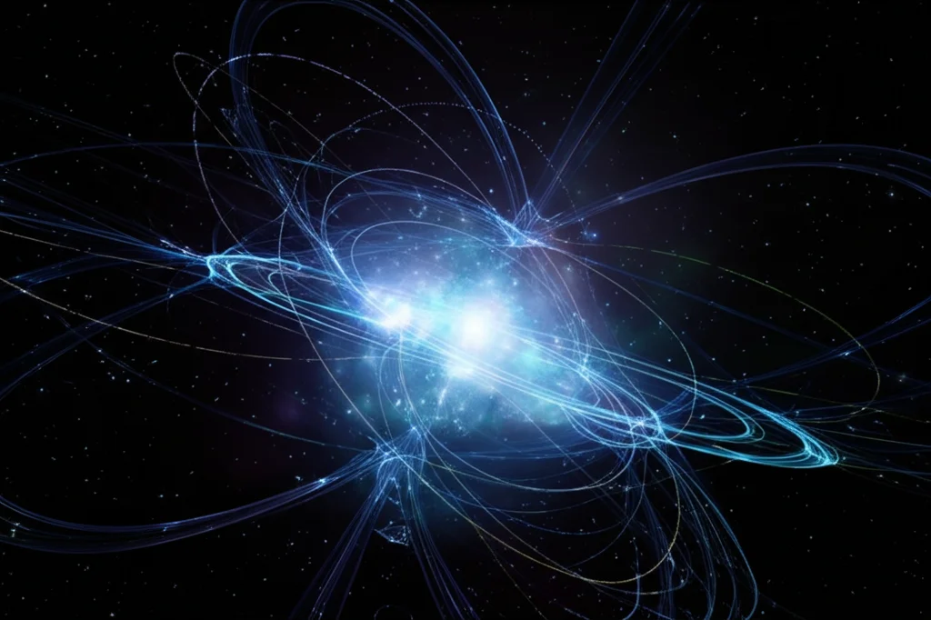 Visualizzazione astratta dello 'spazio dei modelli' con orbite curve che rappresentano configurazioni fisiche equivalenti e sezioni trasversali (linee tratteggiate) che indicano diverse convenzioni rappresentazionali (QRF). Stile fotorealistico concettuale, illuminazione drammatica sui percorsi orbitali, high detail, precise focusing.