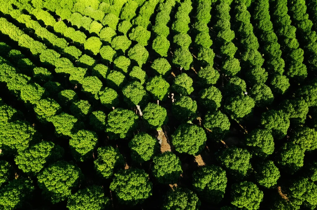Immagine macro fotorealistica di una foresta vista dall'alto, dove ogni albero rappresenta un classificatore 'decision tree' nel Random Forest. Alcuni alberi sono illuminati dal sole (voto positivo), altri in ombra (voto negativo). Obiettivo macro 80mm, alta definizione, luce controllata.