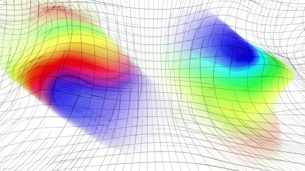 Sovrapposizione quantistica di due spaziotempo curvi distinti, rappresentati come griglie deformate semitrasparenti. Sovrapposti, quattro campi scalari visualizzati come gradienti di colore diversi (rosso, verde, blu, giallo) che definiscono coordinate quantistiche e creano una mappa di comparazione tra i due. Stile fotorealistico scientifico, wide-angle 15mm, sharp focus, colori vividi.