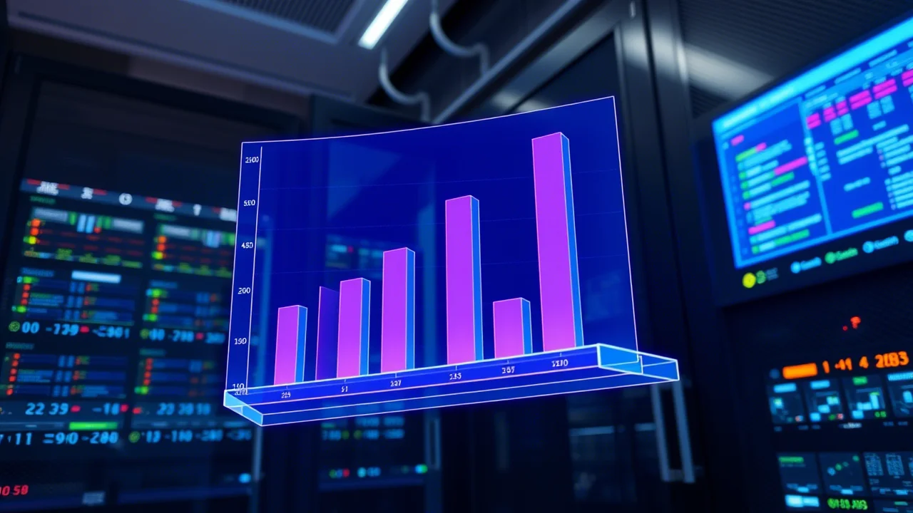 Immagine fotorealistica di un grafico a barre digitale olografico che fluttua in un data center moderno e high-tech. Le barre mostrano l'accuratezza di diversi metodi di rilevamento intrusioni, con la barra del metodo CNN-RF nettamente più alta delle altre. Obiettivo grandangolare 20mm, messa a fuoco nitida, illuminazione high-tech.
