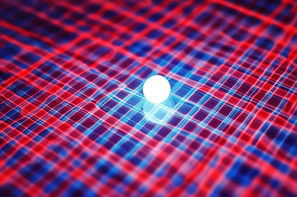 Primo piano concettuale di un punto evento (una sfera luminosa fluttuante) che appare localizzato (singolo e nitido) rispetto a un sistema di coordinate quantistiche (griglia blu sullo sfondo) ma delocalizzato (sdoppiato e sfocato) rispetto a un altro sistema (griglia rossa sovrapposta). Profondità di campo ridotta, macro lens 80mm, high detail, illuminazione contrastata che evidenzia le due griglie e l'evento.