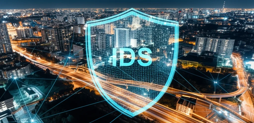 Immagine fotorealistica di una smart city vista dall'alto di notte, con flussi di dati luminosi che collegano edifici, veicoli e infrastrutture, protetti da uno scudo energetico trasparente che simboleggia la sicurezza fornita dal sistema IDS. Obiettivo grandangolare 15mm, lunga esposizione, focus nitido.