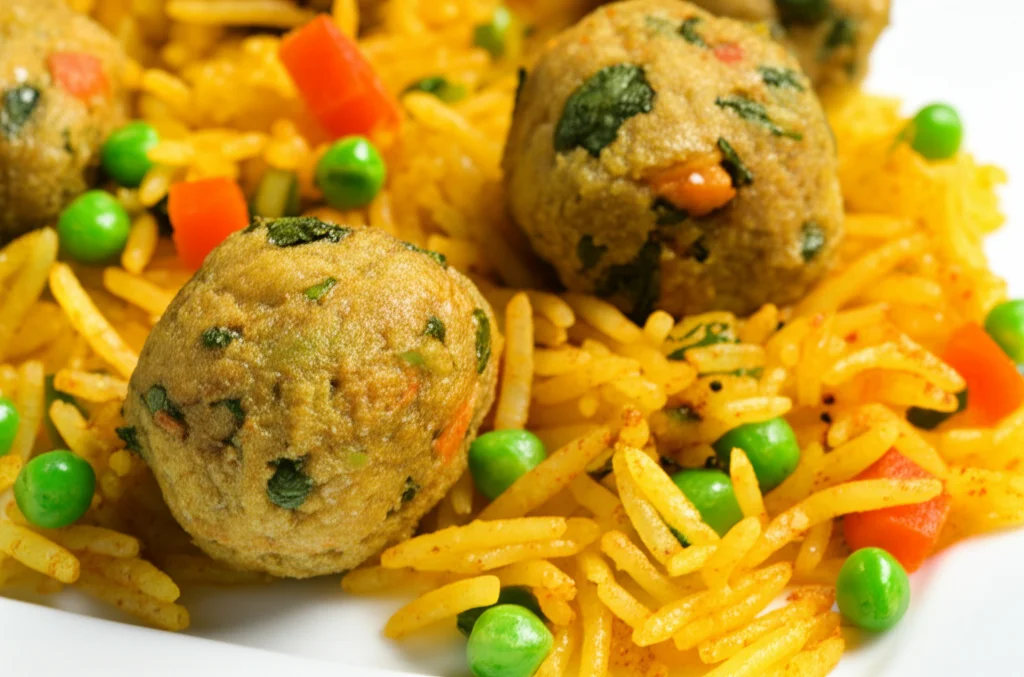 Fotografia macro, obiettivo 90mm, di un piatto indiano colorato con diverse verdure nascoste in polpette o mescolate nel riso, illuminazione controllata per evidenziare i dettagli e i colori vivaci del cibo, focus preciso sulle texture.