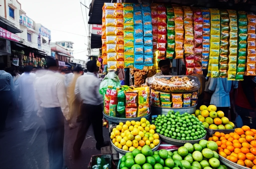 Foto grandangolare, 20mm, di un mercato di strada indiano affollato, con focus nitido su bancarelle che vendono snack confezionati colorati e bevande zuccherate accanto a frutta fresca, lunga esposizione per catturare il movimento della folla, luce naturale del tardo pomeriggio.