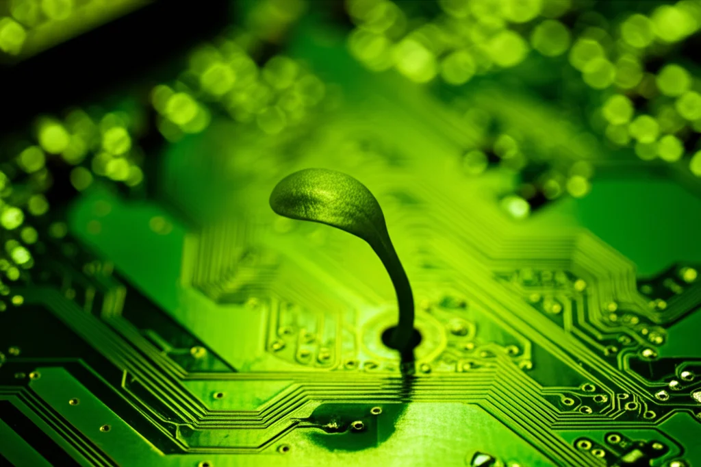 Macro fotografia 100mm di un circuito stampato verde brillante su cui cresce un piccolo germoglio verde, simboleggiando l'unione tra tecnologia e natura, alta definizione, illuminazione controllata e precisa.