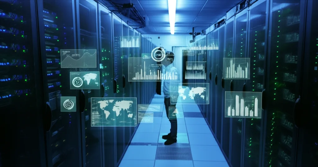 Fotografia sportiva con teleobiettivo 200mm di un data center moderno con server illuminati di blu e verde, con un tecnico che monitora schermi olografici fluttuanti che mostrano grafici di efficienza energetica, fast shutter speed, movement tracking per il tecnico.