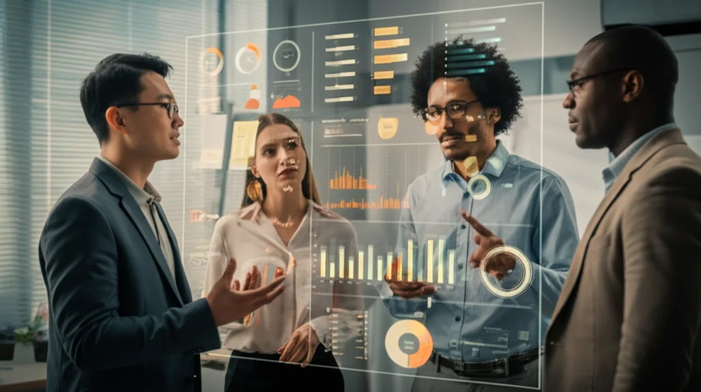 Ritratto 35mm di un gruppo eterogeneo di manager (uomo asiatico, donna caucasica, uomo afroamericano) che discutono animatamente davanti a uno schermo trasparente interattivo che mostra dati sulla sostenibilità aziendale, profondità di campo, luce naturale da una finestra laterale.