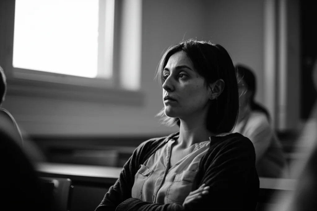 Una donna rifugiata dall'aspetto stanco ma determinato siede in un'aula per imparare il norvegese, la luce della finestra illumina il suo volto concentrato. Fotografia ritratto, obiettivo 35mm, bianco e nero cinematografico, profondità di campo.