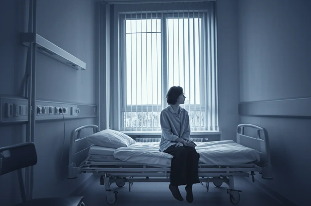 Interno di una stanza d'ospedale minimalista, una donna seduta sul letto guarda fuori dalla finestra con espressione pensierosa, trasmettendo un senso di isolamento. Obiettivo 24mm, duotone blu e grigio, luce soffusa.