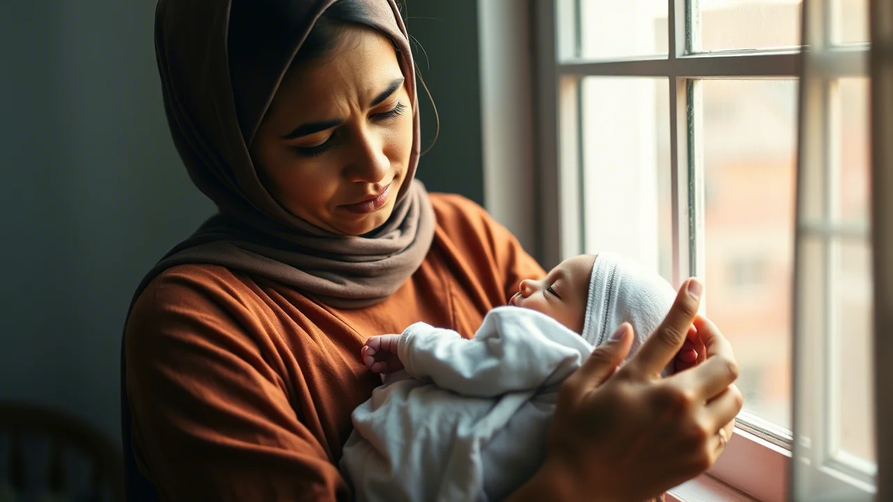 Una giovane madre rifugiata culla dolcemente il suo neonato vicino a una finestra, la luce del mattino crea un'atmosfera intima ma con un velo di preoccupazione sul suo volto. Ritratto, obiettivo 50mm, luce naturale, profondità di campo ridotta.