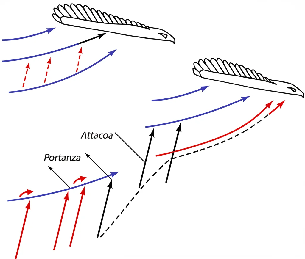 Sequenza di 3 fotogrammi che mostra un'ala di rapace stilizzata (o un'ala a delta) durante una rapida manovra di beccheggio verso l'alto (pitch-up). Angolo di attacco crescente, con indicazione schematica dell'aumento della portanza. Stile illustrativo chiaro, quasi infografico.