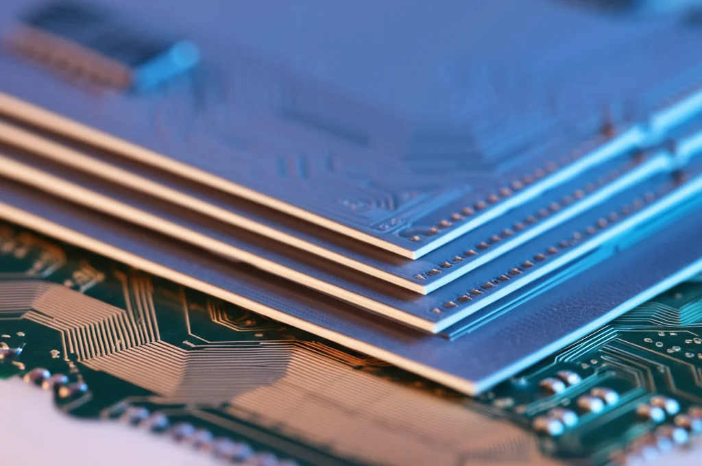 Macro Shot, obiettivo da 85 mm, di un complesso chip a semiconduttore montato su un substrato in ceramica a più livelli, che mostra connessioni intricate. Illuminazione controllata che evidenzia le diverse trame del materiale, dettagli elevati.