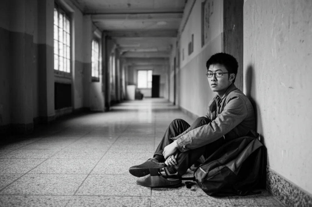 Ritratto fotografico di uno studente universitario cinese seduto da solo in un corridoio universitario poco illuminato, espressione di sconforto, 35mm, bianco e nero, profondità di campo.