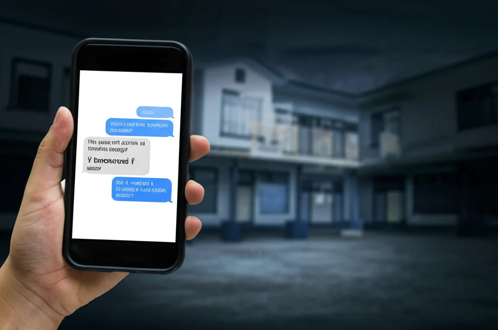 Immagine concettuale che rappresenta il poli-bullismo: uno schermo di smartphone con messaggi minacciosi sovrapposto a una scena sfocata di un cortile scolastico e un angolo buio di una casa, luce controllata, dettagli nitidi.