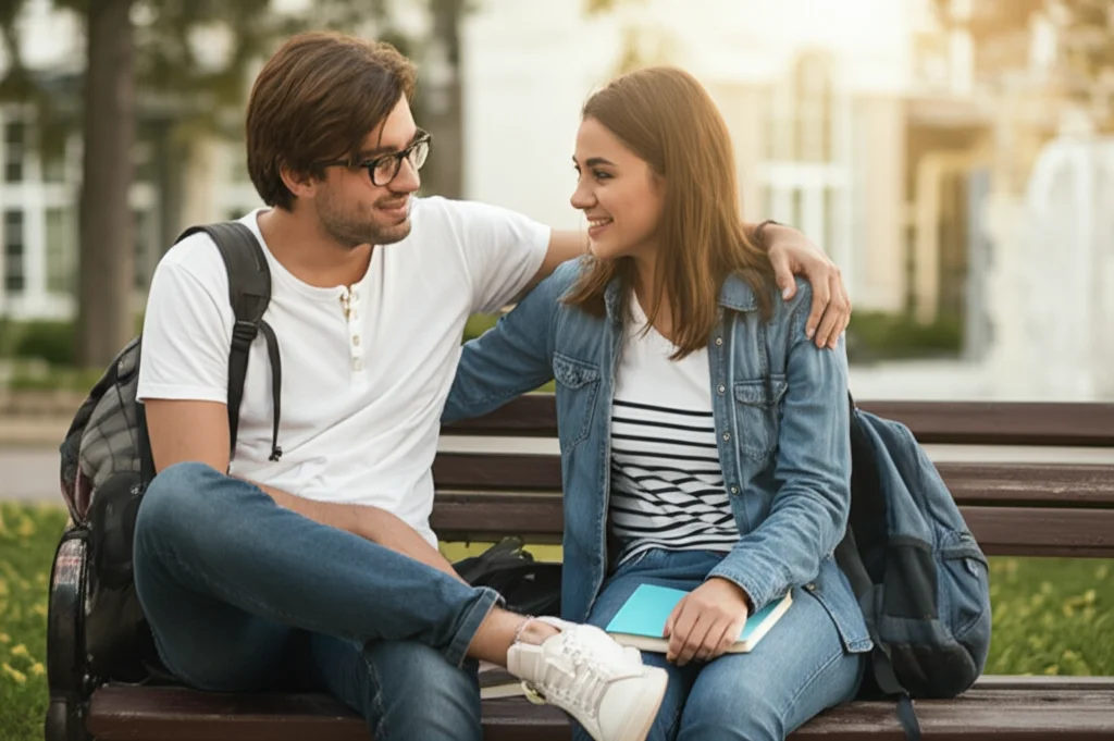 Fotografia di due giovani studenti che si confortano a vicenda su una panchina del campus, luce calda del tardo pomeriggio, obiettivo zoom 50mm, profondità di campo ridotta per sfocare lo sfondo.
