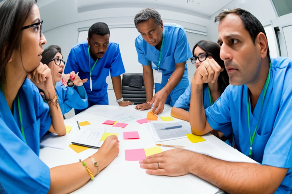 Fotografia grandangolare di un gruppo di operatori socio-sanitari in una sala riunioni durante un workshop, discutono animatamente attorno a un tavolo con fogli e post-it. Obiettivo grandangolare 20mm, luce ambientale, focus nitido sul gruppo.