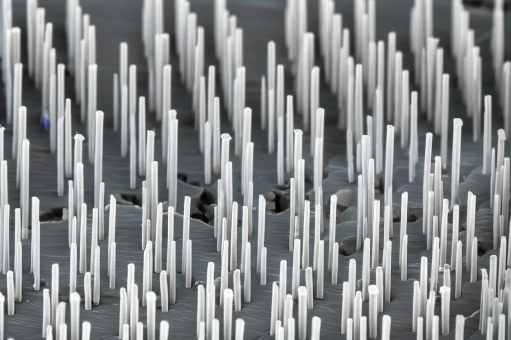 Immagine macro fotorealistica di un cristallo fotonico bidimensionale, con dettagliate aste di silicio lucide su substrato d'aria. Obiettivo macro 100mm, illuminazione controllata per alta definizione, messa a fuoco precisa sulla struttura periodica.