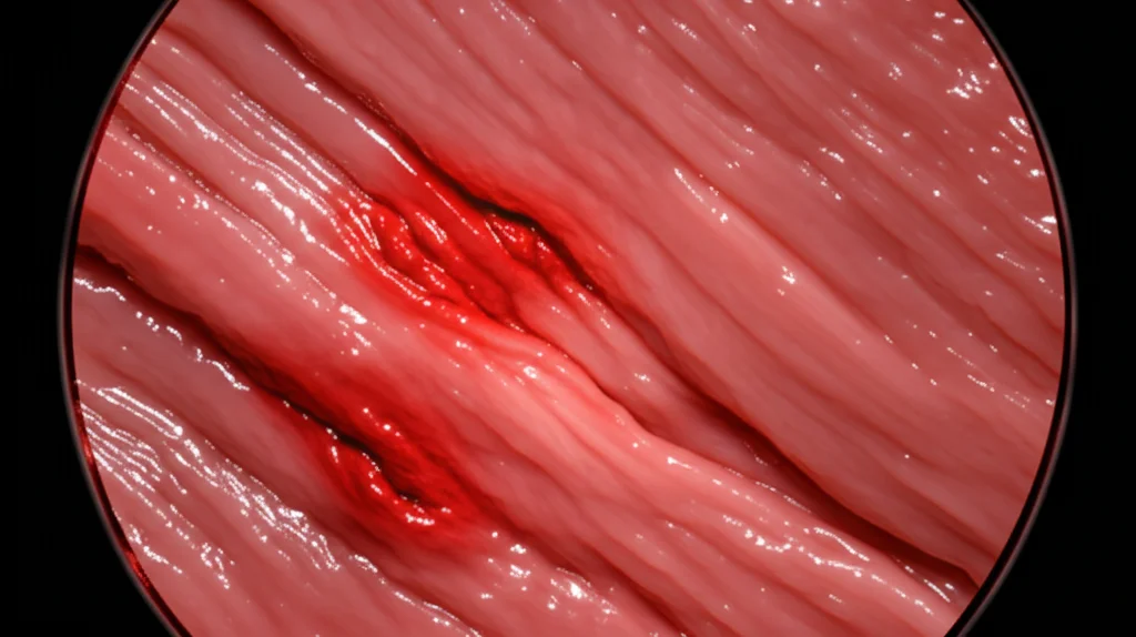 Illustrazione medica dettagliata che mostra la vascolarizzazione dell'intestino tenue, evidenziando aree di ridotto flusso sanguigno (ischemia) che portano a sofferenza del tessuto. Macro lens, 80mm, high detail, controlled lighting.